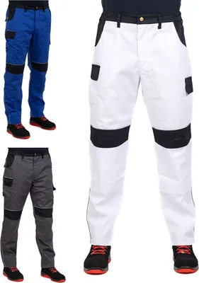 Three pairs of work pants in different colors displayed side-by-side.