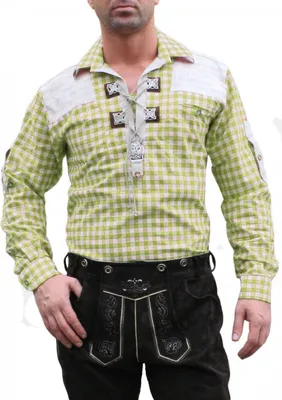 Produktbild von German Wear, Trachtenhemd für Trachten Lederhosen mit Verzierung Giftgrün/kariert, Größe:M