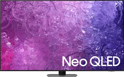 A Samsung Neo QLED television displaying a colorful abstract image.