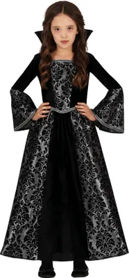 Produktbild von Vampir Halloween Kinderkostüm Langes Schwarzes Kleid Stehkragen Brokatmuster Mystisches Outfit Gruselige Verkleidung Für Furchtlose Gruselabenteuer, Größe: 98/104 Farbe: Schwarz