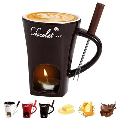 Fondue-Becher aus Keramik, schwarz, 1 Stück, mit Gabel