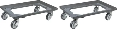 Produktbild von SparSet 2x Transportroller für Euroboxen 60x40cm mit Gummiräder grau | Offenes Deck | 2 Lenkrollen & 2 Bremsrollen | Traglast 300kg | Kistenroller Logistikroller Rollwagen Profi-Fahrgestell