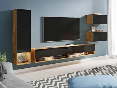 Produktbild von MIRJAN24 Wohnwand Amadeo, Stilvoll Wohnzimmer-Set, TV-Schrank, Mediawand (Wotan / Schwarz Hochglanz, ohne Beleuchtung)