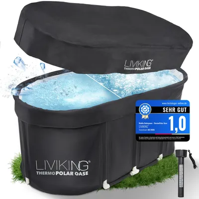 Produktbild von LIVIKING® Eisbad + Faltbare Badewanne Erwachsene [120cm - 2in1 KOMFORT KOMPLETTSET] Eisbaden Tonne, Mobile Badewanne Outdoor & Eistonne