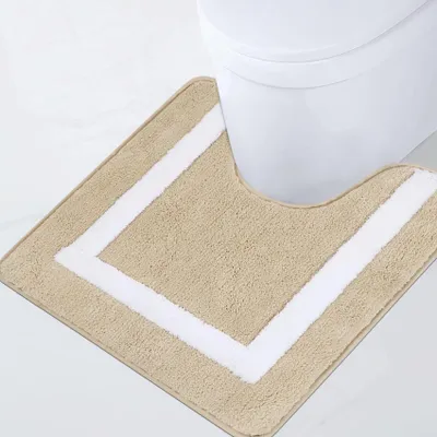 Image de Tapis de toilettes avec découpe, tapis de toilettes antidérapant, tapis de bain, tapis de salle de bains beige, tapis de bain en microfibre absorbant pour les toilettes et la salle de bains, 50 x 50 cm