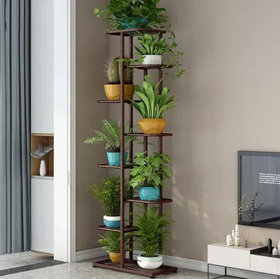 Obrázek produktu pro Stojan na květiny a květinový regál – kovový, 8 úrovní – 9 držáků na květináče – do rohu, na balkon a terasu – vnitřní/venkovní – hnědý