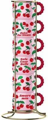 Produktbild von Bialetti Mercato Della Frutta Espressotassen, 6er Set, mit Metallgestell, Espresso Tasse, Cherries, 90 ml, PFRUIT007