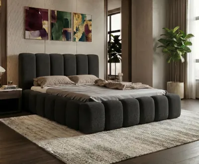 Produktbild von LUXKOR24 Polsterbett VELORA 180x200cm mit Bettkasten & Metallgestell - Bouclé Stoff SCHWARZ GERRA