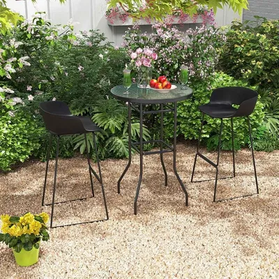 Obrázok produktu pre Vysoký záhradný stôl barový stôl okrúhly bistro stôl so stolovou doskou z tvrdeného skla 68 x 68 x 97 cm čierna