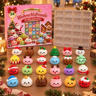 Produktbild von Squishy Adventskalender mit 24 Weihnachtsfiguren aus TPR für einen gemeinsamen Familien-Countdown an jedem Dezembermorgen