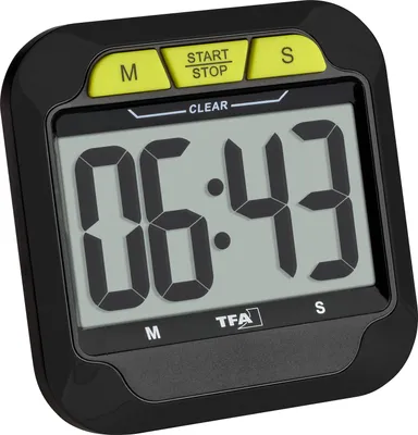 A digital timer with a large display showing the time 06:43.