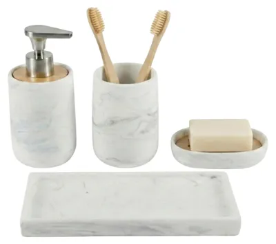 Produktbild von Badezimmer-Accessoires Set 4-teilig, Marmoroptik und Bambus, Seifenspender und Ablage, für Badezimmer