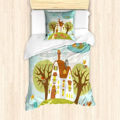 Produktbild von ABAKUHAUS Kindergarten Bettbezug Set, Cartoon Haus und Natur mit Together ist unser Typografied zu sein, 135 x 200 cm + 80 x 80 cm, Mehrfarbig