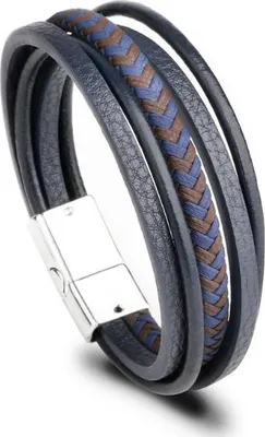 Produktbild von Mehrlagiges Armband aus marineblauem Leder und geflochtener Kordel, 19 cm