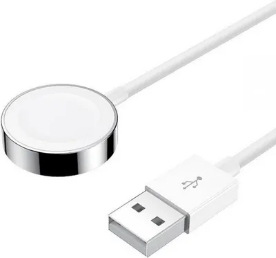 A white Apple Watch charger with a USB-A connector on a white background.