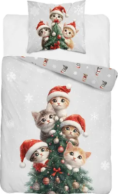 Produktbild von Weihnachtsbettwäsche 160x200 Baumwolle für Kinder Katzen
