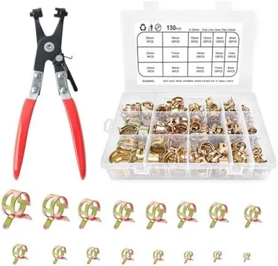 Produktbild von 100 Schlauchschellen, 10 Größen, inklusive Schlauchschellenzangen, Rohrschellen, Federbandschellen, Schlauchschellen, Federklemmen und Verschlussklemm