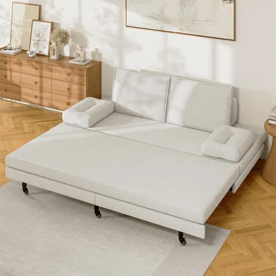 Immagine prodotto di Fortuna Lai divano letto 90x200cm/180x200cm cm in lino, divano letto allungabile con braccioli e cuscini, letto pieghevole per ospiti, divano letto multifunzionale, bianco