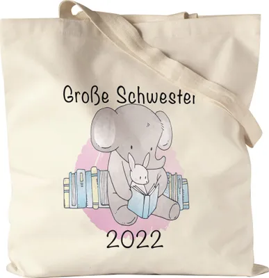 Produktbild von Große Schwester 2022 Jutebeutel Stoffbeutel Canvas Süßes Motiv Elefant Hase Schwangerschaft Geschenkidee Baby-News