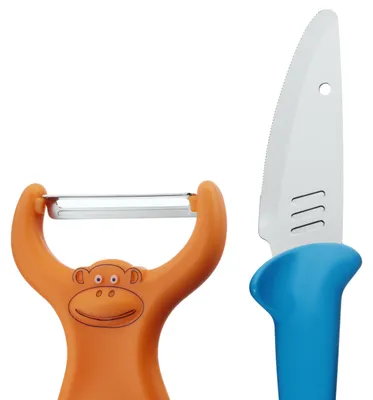 Imagen del producto de WMF. Set de cocina para niños, 2 piezas. Modelo Willy Mia Fred. Color: azul/acero inoxidable/naranja