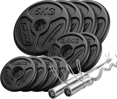 Image de Ensemble 55kg | barre d'haltère longue olympique 180 cm + barre curl en SZ légèrement courbée 120 cm + disques d'haltères 4x5kg, 2x2,5kg, 4x1,25kg - Marbo Sport