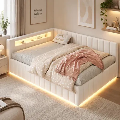 Zdjęcie produktu dla Łóżko tapicerowane INONEFT, rozkładane na sofę, 140x200 cm, łóżko młodzieżowe/podwójne z podświetleniem LED i portami USB, łóżko z hydraulicznym pojemnikiem na pościel, stelaż łóżka z listwami, obicie z weluru, kolor beżowy