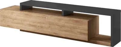 A modern, minimalist TV stand with a wood-grain finish and a dark gray frame.