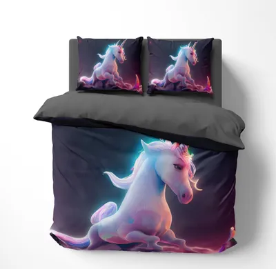 A bedding set with a unicorn design is displayed on a white background.