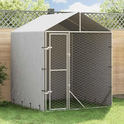 Produktbild von Outdoor-Hundezwinger mit Dach aus verzinktem Stahl, 2x2x2,5 m, silberner Freigehege Käfig für Hunde, Welpen und Kleintiere, mit abschließbarer Tür, UV-beständig, wetterfest