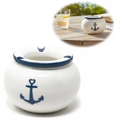 Produktbild von Sturmaschenbecher Anker 10x7,5cm Maritim Weiß Blau Windaschenbecher Aschenbecher