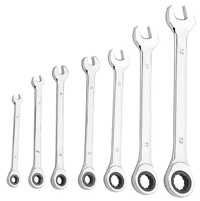 Immagine prodotto di Set di chiavi a cricchetto 7 pezzi - Chiavi a cricchetto ad anello - Chiavi inglesi - Chiavi a forchetta - 72 denti - Acciaio Cr-V - Design bilaterale - Set di chiavi