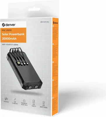 Produktbild von PowerBank 20.000 mAh Solarzelle 4 Kabel + kabelloses Laden Schwarz