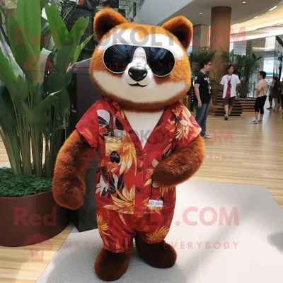 Produktbild von Olivroter REDBROKOLY Panda Maskottchen Kostüm charakter bekleidet mit einem Wickelkleid und einer Sonnenbrille