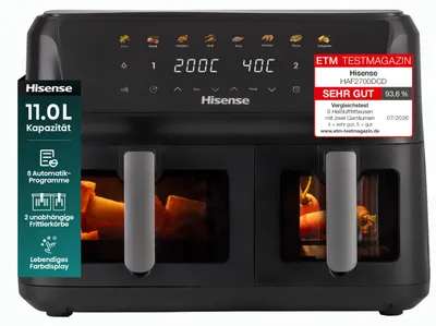 Productafbeelding van Hisense HAF2700DCD heteluchtfriteuse, 11 liter, 2700 W, kleuren display, 2 onafhankelijke frituurmandjes, zwart