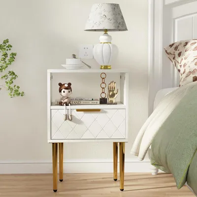Immagine prodotto di Tavolino da notte con 1 cassetto e 1 ripiano aperto, dimensioni 40x30x57 cm, colore bianco, materiale: legno, stile moderno