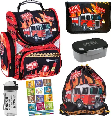 Produktbild von Feuerwehr Firefighters Schulranzen Grundschule ergonomischer Ranzen Federmappe Federtasche Federmäppchen ohne Inhalt Turnbeutel Brotdose Trinkflasche Aufgabenheft 6er Set Fire