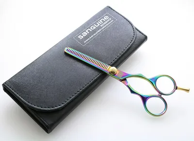 Produktbild von Effilierschere aus Titan für Friseure, geeignet für alle Haartypen – mit Präsentationskoffer