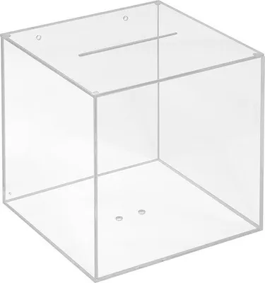 Image de Boîte en verre acrylique transparent 200 x 200 x 200 mm avec distributeur de pièces