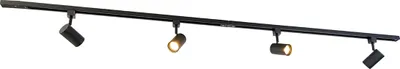 A black track lighting system with four adjustable spotlights against a white background.