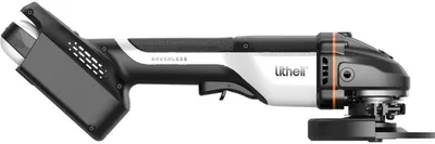 A side profile of a cordless angle grinder on a white background.