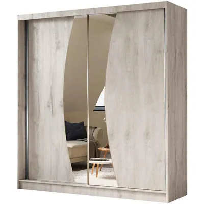 Produktbild von Schwebetürenschrank VOX 200 cm – Kleiderschrank mit 4 Schubkasteneinsätze, Spiegel & Schiebetüren (Eiche Sonoma)