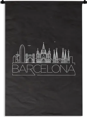Produktbild von MuchoWow® Wandteppich Wandbehang Skyline "Barcelona" schwarz 90x135 cm Tapisserie Dekoration Wandtuch - Baumwolle - Wandskulptur