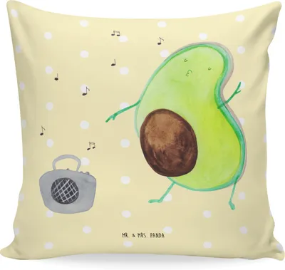 Produktbild von Mr. & Mrs. Panda couch kissen Avocado Tanzen - Gelb Pastell - Geschenk, Singen, Musik, Dekokissen, 40x40, kuschelkissen, für sofa, Party, Fröhlich, Polster, zier
