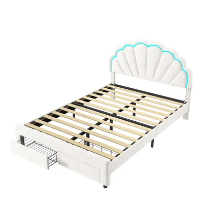 Immagine prodotto di Letto imbottito CDGlobal 140x200cm, letto matrimoniale funzionale con illuminazione a LED e 2 cassetti, struttura letto con rete a doghe e testiera, lino, stile classico, letto per ragazzi, bianco