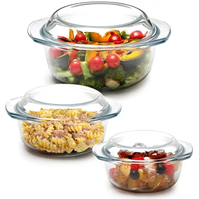 Image de Plat à gratin rond en verre, plat à gratin en verre avec couvercle, très robuste, (lot de 1 + 1,4 + 1,7 L)