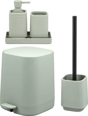 Immagine prodotto di Set da bagno eluno VALONA 5 pezzi con dispenser per sapone, bicchiere, ciotola, cestino per cosmetici da 4,5 litri e set da WC in plastica color salvia