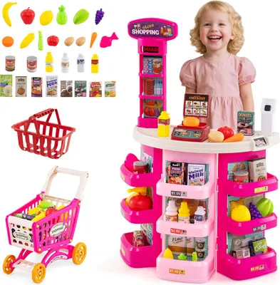 Produktbild von COSTWAY 76-teiliges Supermarkt mit Einkaufswagen, Waage, Licht, Sound, Spiel-Lebensmittel & Zubehör, Kaufladen, Kaufmannsladen für Kinder 3 + Rosa