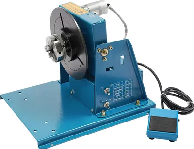 Produktbild von Schweißpositionierer Drehtisch - BY-10 - 0–90° neigbar - Tragkraft 10 kg horizontal, 5 kg vertikal - 3-Backenfutter - Fußschalter - AC 220V - blau