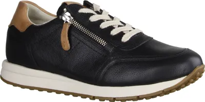 A single black leather sneaker with tan accents and a white sole is shown against a white background.