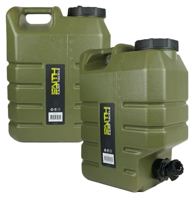 Zdjęcie produktu dla Faith Carp Tackle Kanister na Wodę z Kranikiem - 15 Ltr - 2 Sztuki - Zielony Polietylen - Zbiornik na Wodę - Pojemnik na Wodę - Dystrybutor Wody - Z Kranikiem Dozującym